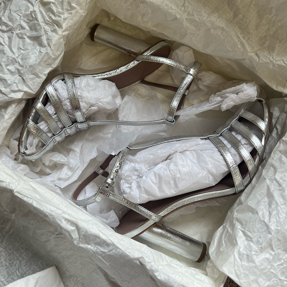 Diane Von Furstenberg Silver leather cage heels party metallic sz 8 38 date - Picture 5 of 10